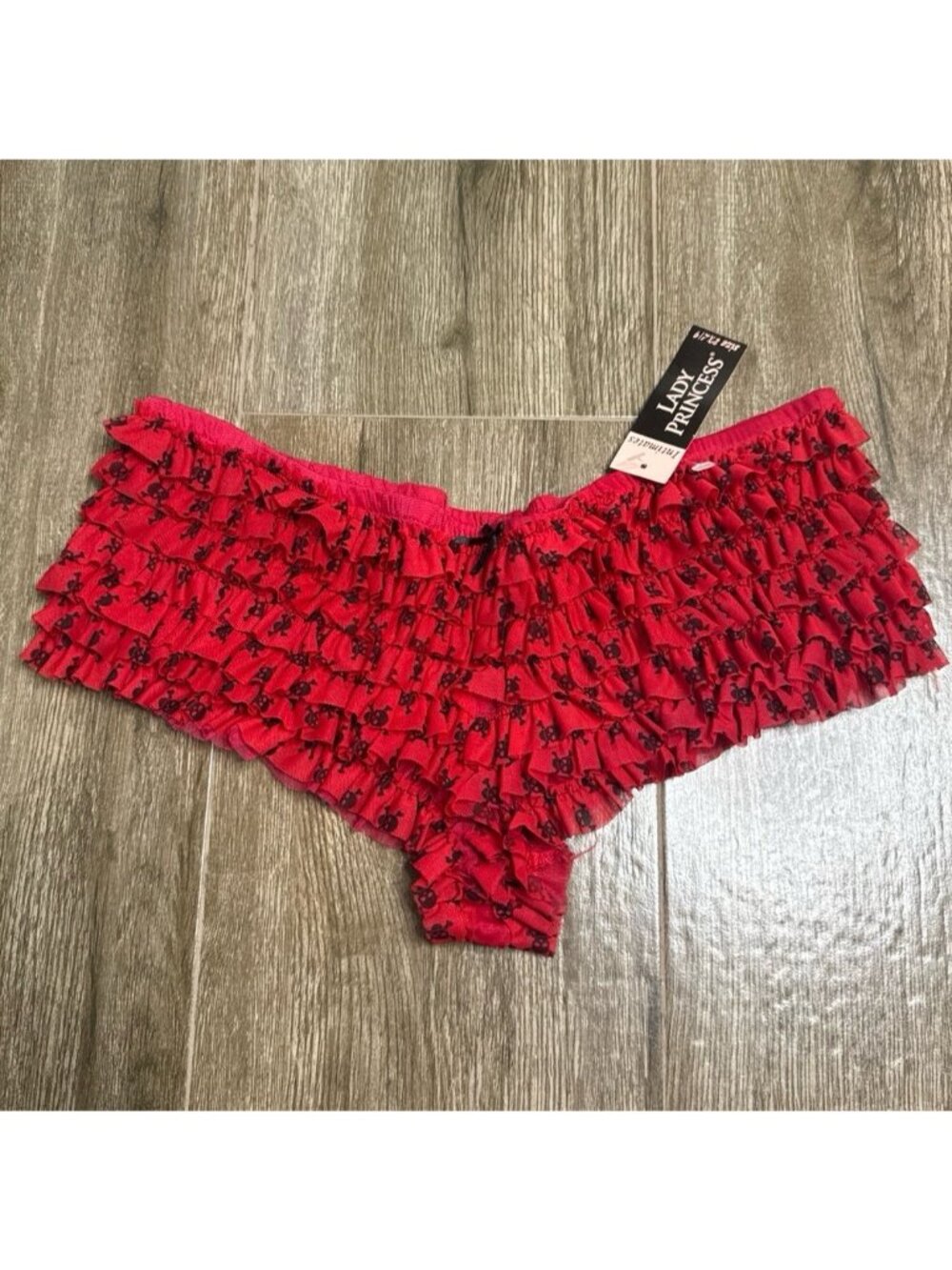 Lady Princess Lacey Ruffles Black Skull Print Lace Ruffle Red Panties 2XL New